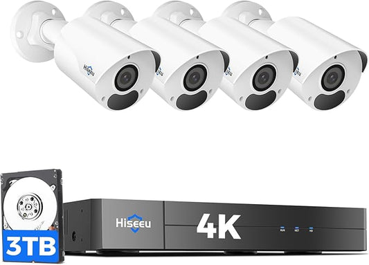 [4K HD+ 121° Wide View] Hiseeu 4K Security Camera System, PoE Camera System w/4pcs 8MP IP PoE Cameras, 16 Channel NVR,3TB HDD, Free Remote Access, WDR, Motion Detect, 100ft Night Vision,7/24 Record