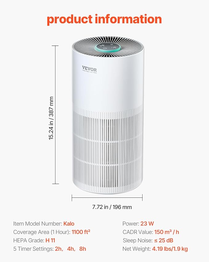 VEVOR Air Purifier for Home Bedroom, H11 HEPA Layer Filter 1100 ft²/h Smart Air Purifier with Speed Control & Child Lock Guard, 25 dB Sleep Mode Air Cleaner with Convenient Touch Panel