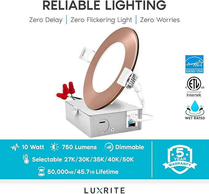 LUXRITE 4 Inch Ultra Thin LED Recessed Light with J-Box, 10W, 5 Color Options 2700K | 3000K | 3500K | 4000K | 5000K, Dimmable Wafer Lights, 750 Lumens, Copper Trim, Energy Star, IC Rated