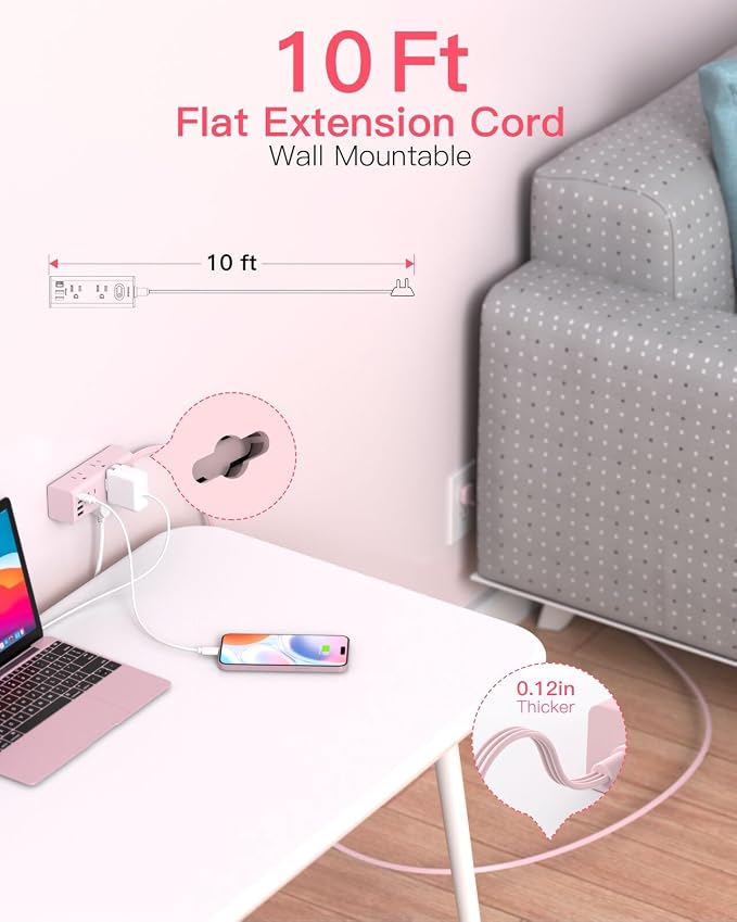 One Beat 10Ft Extension Cord with Multiple Outlets,Flat Plug Power Strip