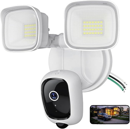 2K Hardwired Flood Light Camera, 3500LM Dual-Head Outdoor Security Camera with Color Night Vision, 5G/2.4G WiFi, PIR Motion Detection, Siren, 2-Way Audio, IP65, Compatible with Alexa & Google