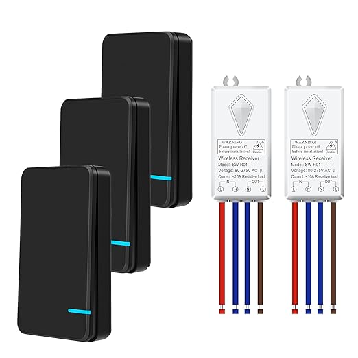 NineLeaf No Wiring Light Switch,Black Wireless Light Switch Kit Remote Control Light Switch No WiFi Needed for Renters DIY Outdoor 1969ft Indoor 328ft 1000W LED, Ceiling Lamps(3Switches 2Receivers)