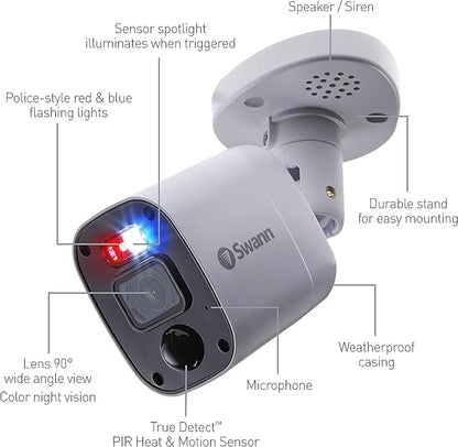 Swann Add-On DVR Flashing Light Bullet Camera with Sensor Spotlight, 4K UHD Video, Indoor or Outdoor Design, Dusk to Dawn Color Night Vision Plus True Detect Heat, Motion Detection, and One Way Audio