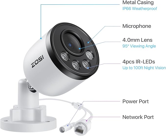 ZOSI 4PK 4MP Add-on Camera with Ethernet Cables,Outdoor PoE IP Bullet Security Camera with Audio,Night Vision,Smart Human Detection,IP66 Weatherproof,Remote Access,Only Work PoE NVR System