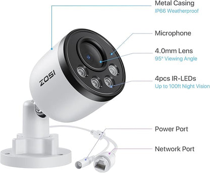 ZOSI 4PK 4MP Add-on Camera with Ethernet Cables,Outdoor PoE IP Bullet Security Camera with Audio,Night Vision,Smart Human Detection,IP66 Weatherproof,Remote Access,Only Work PoE NVR System