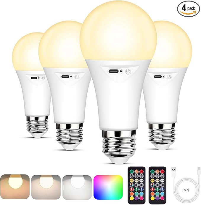 Yochoice 4-Pack Rechargeable Battery Powered Light Bulb, Dimmable A19 Light Bulb with 9 Colors Selectable & 3 Timer, Cordless Bulb for Lamps and Sconce with Remote Control