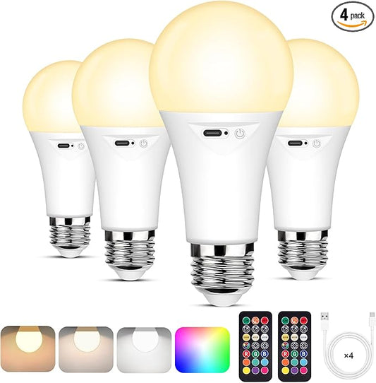 Yochoice 4-Pack Rechargeable Battery Powered Light Bulb, Dimmable A19 Light Bulb with 9 Colors Selectable & 3 Timer, Cordless Bulb for Lamps and Sconce with Remote Control
