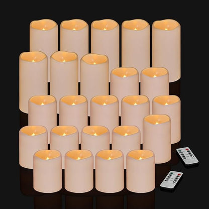 Flameless Candles 4" 5" 6" Outdoor Indoor Pillars Battery Operated Flickering Candles Include 10-Key Remote Timer 400+ Hours by 2 AA Batteries (Ivory Candle - Warm light, 3"D x 4"|5"|6" H - 24 Pack)
