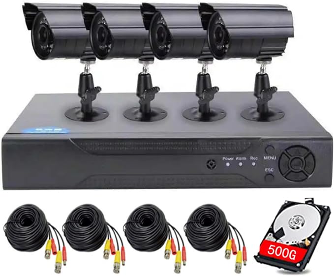 4CH DVR Wired CCTV Security System with 4pcs 1080P Metal Waterproof Surveillance Camera Infrared Night Vision Motion Detection for Indoor Outdoor 24/7 Recording (Include 500GB HDD) Remote Access