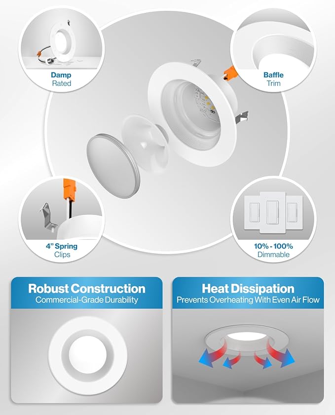 Sunco 10 Pack 4 Inch LED Recessed Lights, Retrofit Can Light for Ceiling, Baffle Trim, 660 LM, 11W (60W Equivalent), 5000K Daylight, Dimmable, Damp Rated ETL