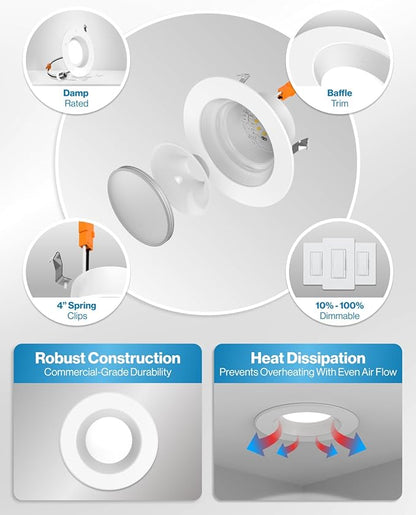 Sunco 10 Pack 4 Inch LED Recessed Lights, Retrofit Can Light for Ceiling, Baffle Trim, 660 LM, 11W (60W Equivalent), 5000K Daylight, Dimmable, Damp Rated ETL