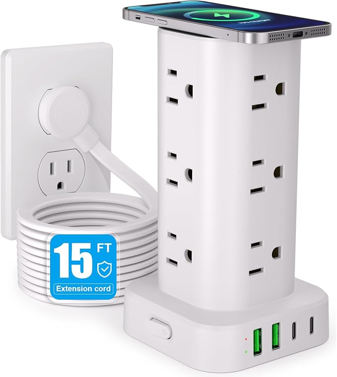 Power Strip Tower with Wireless Charger, Flat Plug Surge Protector Tower with 15FT Extension Cord, 12 AC Multiple Outlets, 4 USB (2 USB C),15W Wireless Charging Power Tower for Home Office Dorm,White