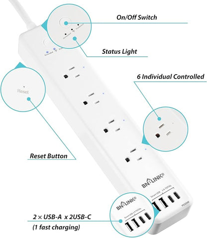 BN LINK Smart Plug Power Strip，Surge Protector with 4 Individually Controlled Smart Outlets, 4 USBs (incl. 20W USB-C), Compatible with Alexa and Google Home