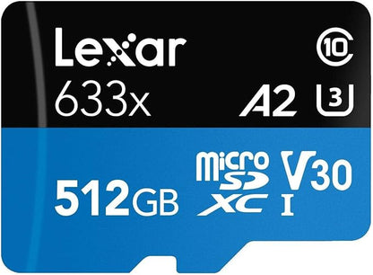 Lexar High-Performance 633x 512GB microSDXC UHS-I Card w/ SD Adapter, C10, U3, V30, A2, Full-HD & 4K Video, Up To 100MB/s Read, for Smartphones, Tablets, and Action Cameras (LSDMI512BBNL633A)