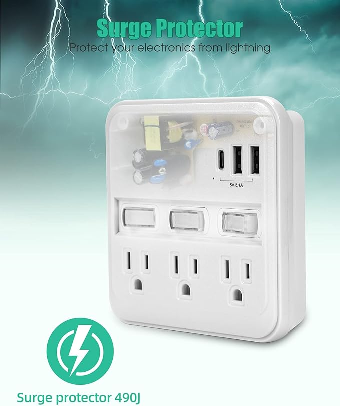 Alitayee Wall Outlet Extender Surge Protector, USB Power Strips with Individual Switches and 15.5W Type-C Fast Charging Ports for Cell Phone,Home,Office,Dorm ETL Listed White