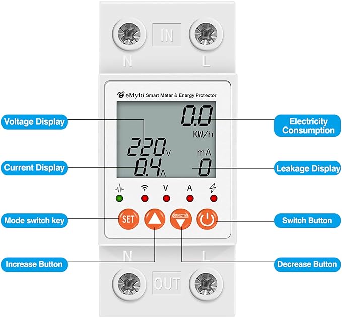 eMylo Smart Watt Meter Single-Phase AC 63A 80-400V, Tuya WiFi Power Meter Energy Monitor APP Remote Control, Circuit Breaker and Leakage Protection Suitable for Apartment Factory Home Energy Monitor