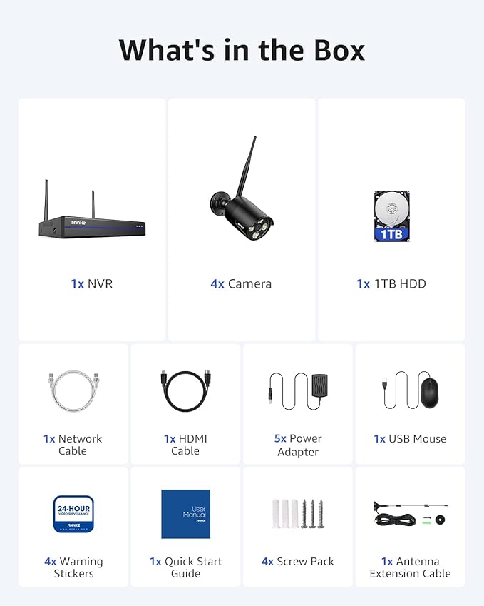 ANNKE Wireless Security Camera System-16CH Expandable 4K Security NVR, 4Pcs 2K Outdoor Cameras, 2-Way Voice, Motion Alert, Weatherproof, Mobile App-Controlled for Indoor/Outdoor Use, 1TB