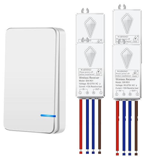 NineLeaf Wireless Light Switch Kit,No Wiring Mini Remote Switch,No WiFi Remote IP66 Waterproof for Ceiling Lights,Lamps,Fans,1969ft Outdoor 328ft Indoor Range,Up to 1000W LED(1Switch 4Receivers)