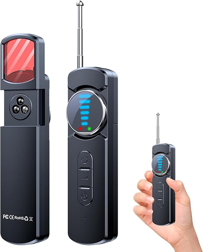 Hidden Camera Detector, AI Anti Spy Bug Detector with RF Signal Scanner, WiFi Finder, GPS Tracker Detector, Listening Device Finder, 6-in-1 Portable for Travel Hotel Bathroom Car Office (Black)