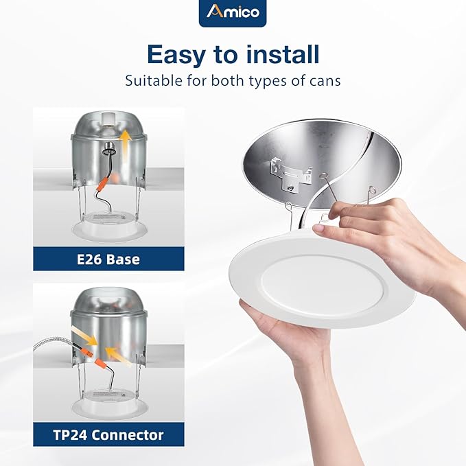 Amico Recessed Lighting 5/6 Inch, 48 Pack 5CCT Flat LED Can Lights, 2700K/3000K/4000K/5000K/6000K Selectable,12W Eqv 120W, 1050LM Brightness, Retrofit Installation - ETL & FCC