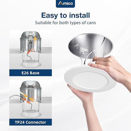 Amico Recessed Lighting 5/6 Inch, 48 Pack 5CCT Flat LED Can Lights, 2700K/3000K/4000K/5000K/6000K Selectable,12W Eqv 120W, 1050LM Brightness, Retrofit Installation - ETL & FCC
