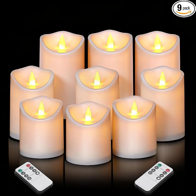 Artmarry Flameless Candles Outdoor Indoor Pillars Battery Operated Flickering Candles Include 10-Key Remote Timer 400+ Hours by 2 AA Batteries (White Candle - Warm Light, 3" D x 4"|5"|6" H - 9 Pack)