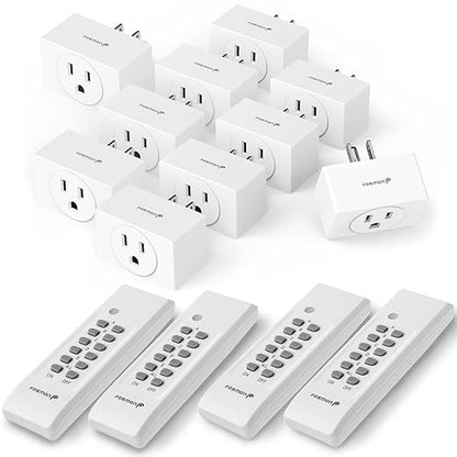 Fosmon Wireless Remote Control Outlet Plug Indoor, Battery Operated On/Off Light Switch for Electrical Outlet, Fan, 15A/1875W, No Wiring & Expandable- 10 Pack with 4 Remotes