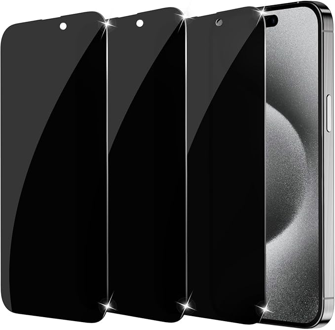 3-Pack for Privacy Screen Protector for iPhone 15/15 Pro, Sensor Protection, Anti Spy Private Tempered Glass Film, Touch Sensitive, Bubble-Free, 9H Hardness Screen Protection 6.1 Inch