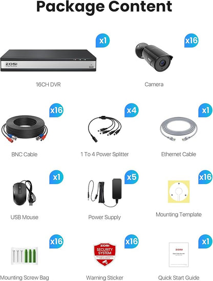 ZOSI 16CH 3K Lite Security Camera System with Audio, AI Human/Vehicle Detection, Night Vision, 16 x 1080P Metal Weatherproof Wired Cameras, 16 Channel Surveillance DVR for 24/7 Recording (NO HDD)