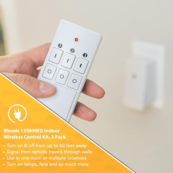 Southwire Woods Indoor Wireless Remote Kit - Controls Up to 3 Devices - Long-Range Remote Switch - Convenient One-Touch Controller - Energy-Saving Outlets - White/Orange