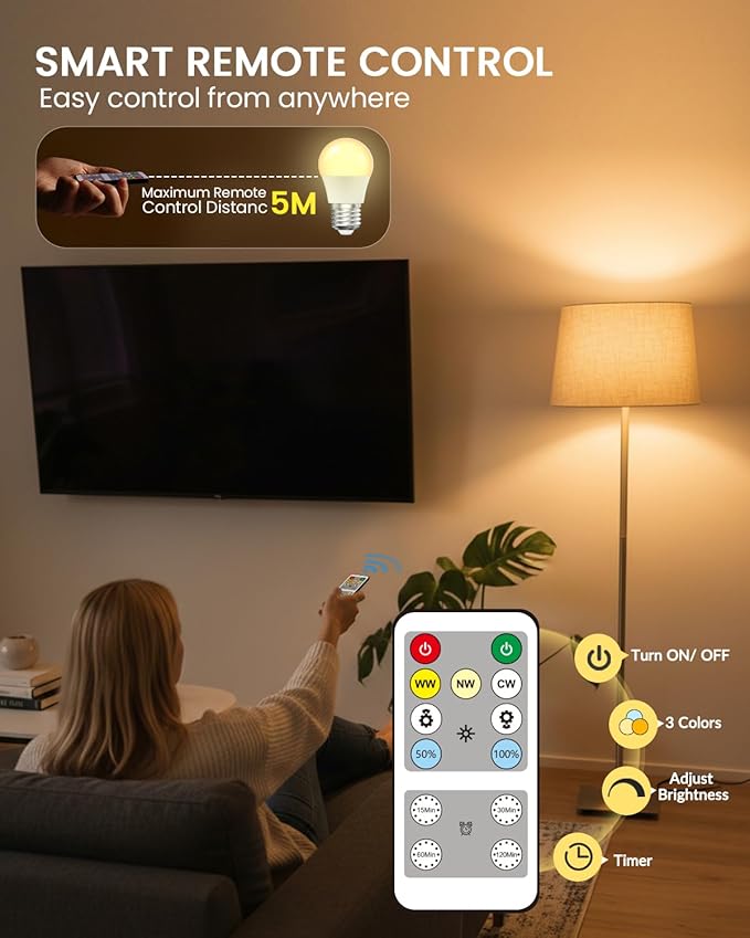 E26 LED Light Bulb with Remote Control, 3 Colors (3000K-6000K) E26 Dimmable Light Bulb for Living Room Bedroom, Remote Control Light Bulbs with Timing, Memory Function (2-Pack)