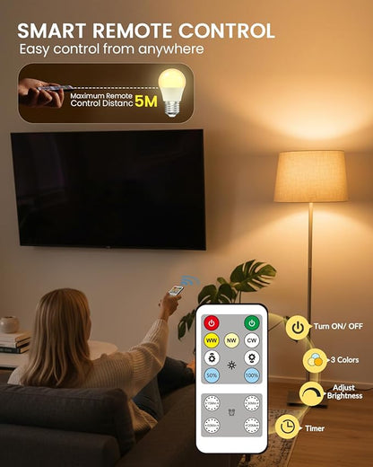 E26 LED Light Bulb with Remote Control, 3 Colors (3000K-6000K) E26 Dimmable Light Bulb for Living Room Bedroom, Remote Control Light Bulbs with Timing, Memory Function (2-Pack)