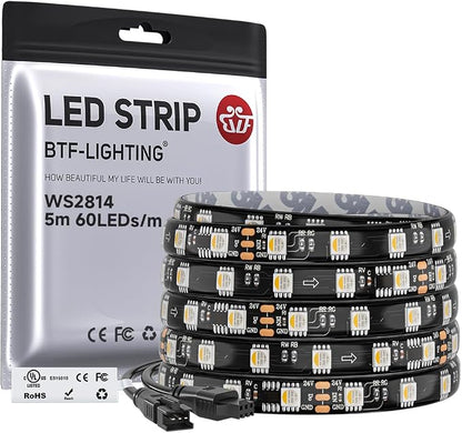 BTF-LIGHTING WS2814 IC RGBW RGB+Cool White UL Listed,DC24V 16.4FT 60LED/m | 10pixel/m,(Similar WS2812B),Addressable4 Colors in 1 Dream Color LED Strip IP65 for Home Decor(No Adapter or Controller)