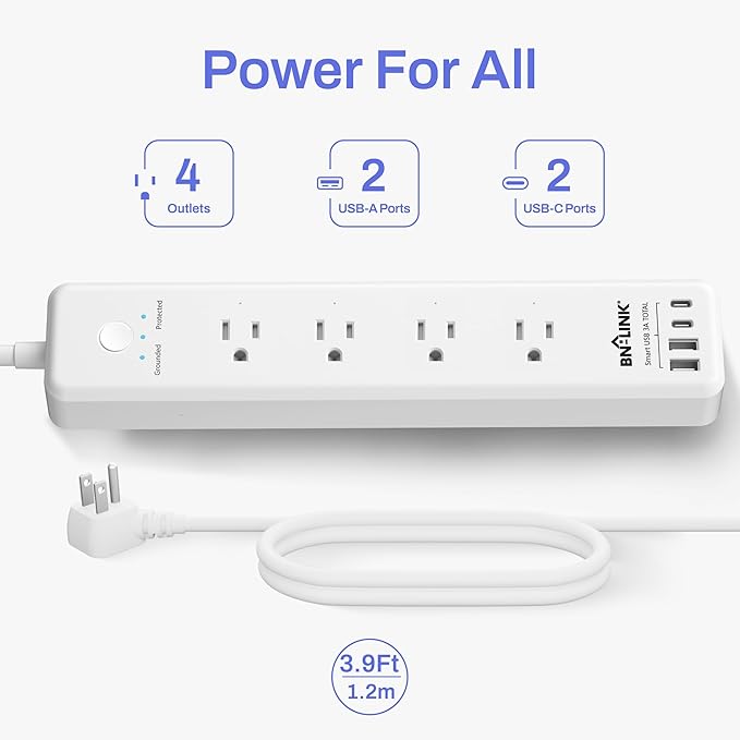 BN-LINK Remote Control Power Strip with 4 Independent Outlets，4 USBs (incl. 20W USB-C), 3.9Ft Extension Cord, 15A/1875W Overload Protection, Wall Mount, for Home, Office, ETL Listed, 1200J
