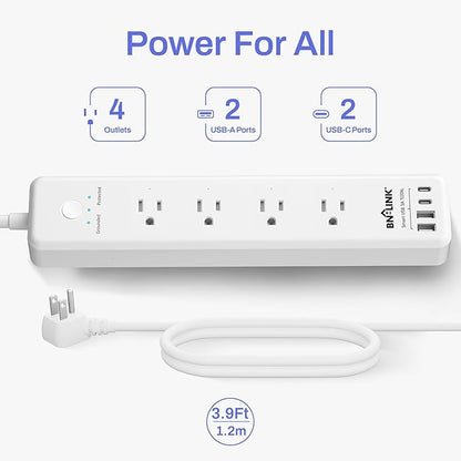 BN-LINK Remote Control Power Strip with 4 Independent Outlets，4 USBs (incl. 20W USB-C), 3.9Ft Extension Cord, 15A/1875W Overload Protection, Wall Mount, for Home, Office, ETL Listed, 1200J