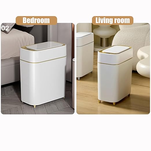 Yatmung Motion Sensor Trash Can Bathroom Automatic Touchless Lid - Sensor Garbage Can - Bathroom, Bedroom, Kitchen, Laundry Room, Small Spaces - Compact Smart Trash Bin - White with Gold Edge, 1Pack