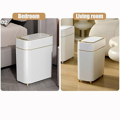 Yatmung Motion Sensor Trash Can Bathroom Automatic Touchless Lid - Sensor Garbage Can - Bathroom, Bedroom, Kitchen, Laundry Room, Small Spaces - Compact Smart Trash Bin - White with Gold Edge, 1Pack