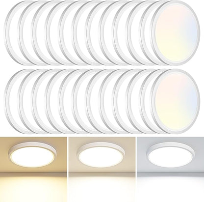 24PACK LED Flush Mount Ceiling Light Fixture, 3000K-4000K-6500K & 100W Equivalent Modern Kitchen Recessed Ceiling Lamp 15W 1500Lm 7.5 Inch Closet Round Surface for Bathroom Laundry Bedroom Hallway