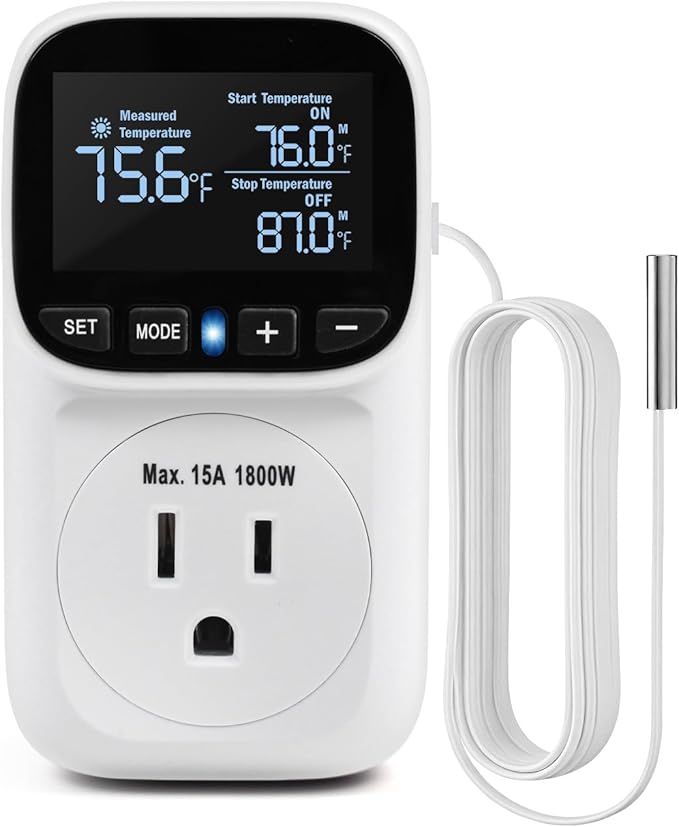 Digital Temperature Controller, Heating & Cooling Thermostat Plug Outlet, –40°F~210°F, 15A 1800W, LCD Display, Temperature Controlled Outlet for Home, Greenhouse, Chicken Coop, Reptile
