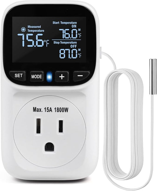 Digital Temperature Controller, Heating & Cooling Thermostat Plug Outlet, –40°F~210°F, 15A 1800W, LCD Display, Temperature Controlled Outlet for Home, Greenhouse, Chicken Coop, Reptile