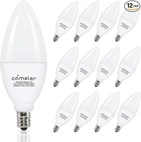 comzler 12 Pack E12 LED Candelabra Light Bulb, 4000K Natural Daylight, 5 Watt 60W Equivalent Ceiling Fan Bulbs, Type B Light Bulb B11 Shape for Chandelier, Small Base, CRI85+, 500Lumen, Non-Dimmable