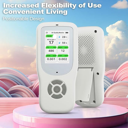 Air Quality Monitor Indoor, Handheld Air Quality Detector with Stand, Real-Time Air Meter Test AQI, PM1.0, PM2.5, PM10, CO2, TVOC, HCHO, Temperature and Humidity with Alert -White