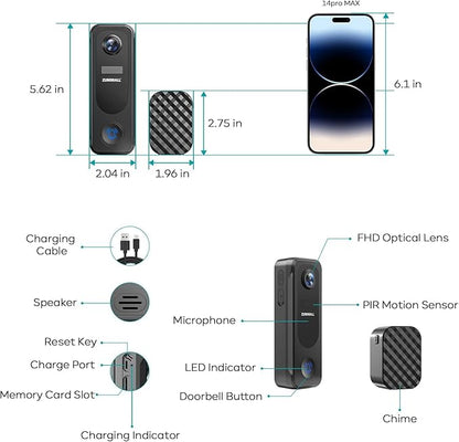 ZUMIMALL Doorbell Camera Wireless No Subscription - 2K Video Doorbell with Chime, 2 Way Audio, Anti-Theft, PIR Human/AI Detection, Local/Cloud Storage, 2.4GHz WiFi, Battery Powered, Work with Alexa