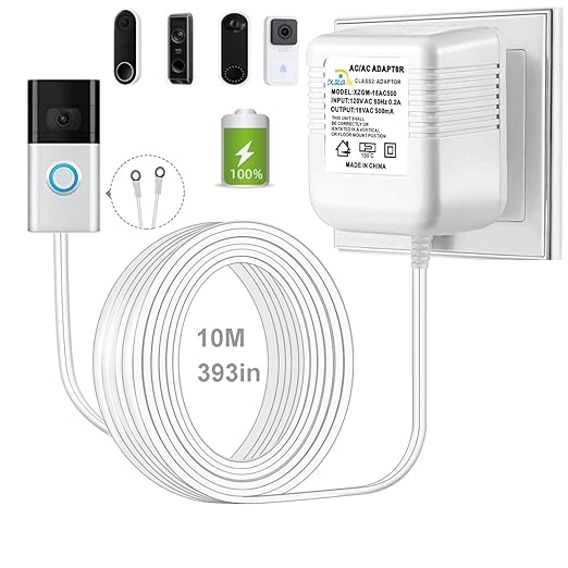 Visual Doorbell Power Adapter 18V 500mA Compatible with Ring Nest Eufy Wyze Arlo Wireless Video doorbell (393in/10M Cable Length)
