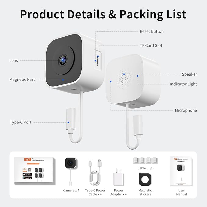 2K No-Drill Window Camera 4 Pack, 2.4GHz & 5GHz WiFi Window Cameras for Home Security, Anti-Glare, Magnetic Mounted, Color Night Vision, 24/7 Recording, Human & Motion Detection, Works with Alexa