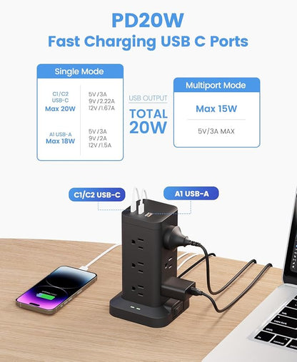 Power Strip Tower with Surge Protector 1800J, Fast Charging Tower PD20W USB-C Ports with 12 AC Outlets, Extension Cord for Home Office Dorm Room, 9.8ft, Black