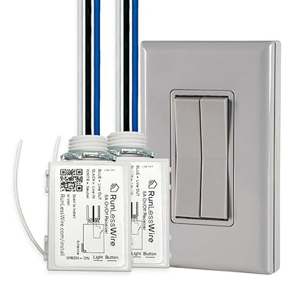 RunLessWire Fan & Light Battery-Free DIY Wireless Light Switch Kit 150ftRF Range Kinetic for Bathrooms & Ceiling Fans: 1 Dual Remote Switch Controls 2 5A On/Off Receivers Separately Gray