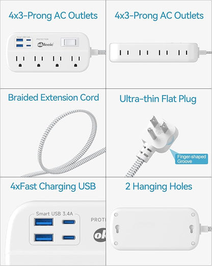 Short Extension Cord 2 Foot - Power Strip Flat Plug Surge Protetor with 8 Outlets 4 USB (2 USB C) Charging Ports, Multi Plug Wall Outlet Splitter for Kitchen Bathroom Hotel Office Desktop Accessories