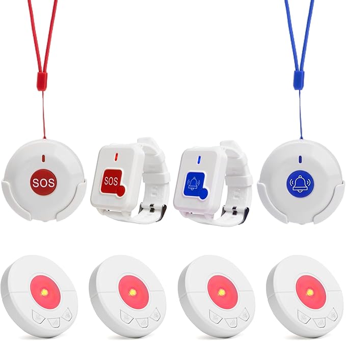 Caregiver Pager Alert Button for Seniors at Home Medical Alert That Calls Famiy for Home / Elderly / Patient / Disabled 4 Plugin Receiver + 4 Toilet Emergency Button for Elderly