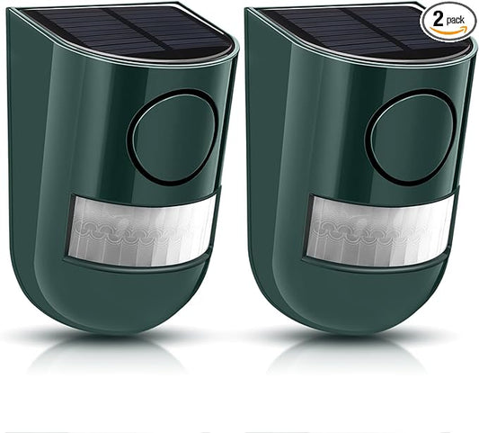 Qualirey Solar Sound and Light Alarm Motion Sensor 129db Outdoor Security Siren Waterproof Activated Detector Driveway Alarm 6 LEDs Flash Warning Deterrent Strobe System for Home, Farm(Green,2 Pack)